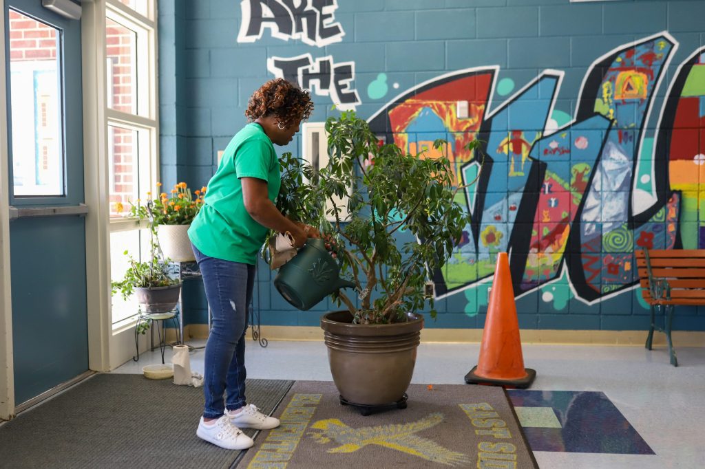 MAINT-4 A woman waters plants