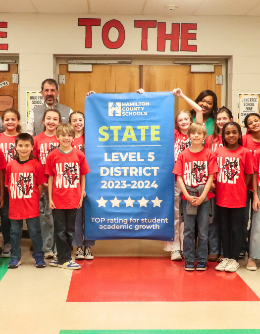 New Featured Image - Lvl 5 Wolftever Creek Students pose for a banner presentation photo